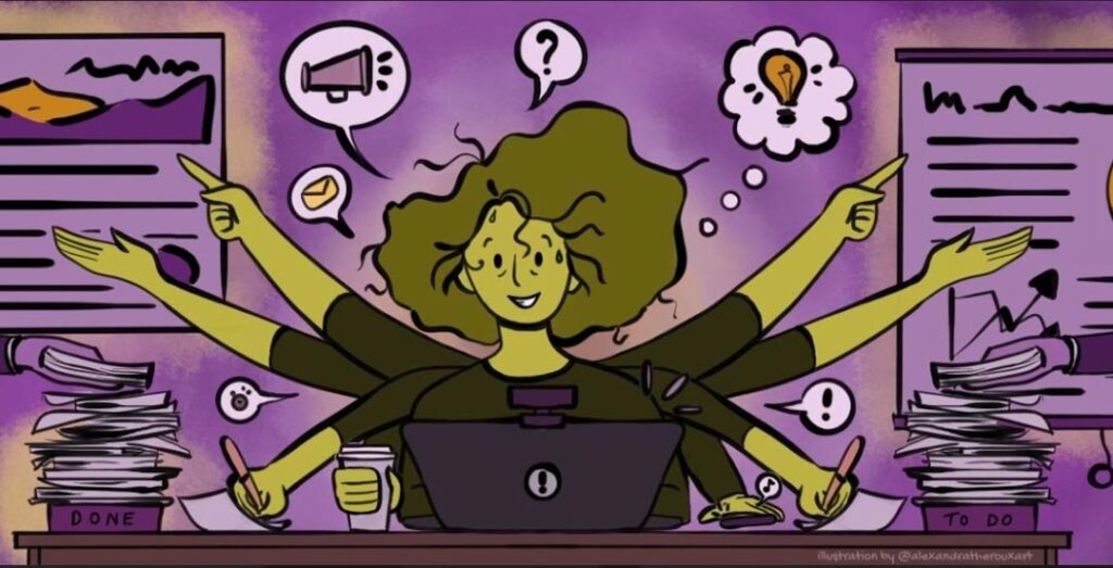 Illustration of overwhelmed, multitasking woman at desk